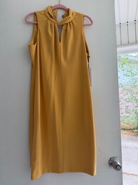 Calvin Klein Sleeveless Mustard Yellow Twist-Neck Midi Dress